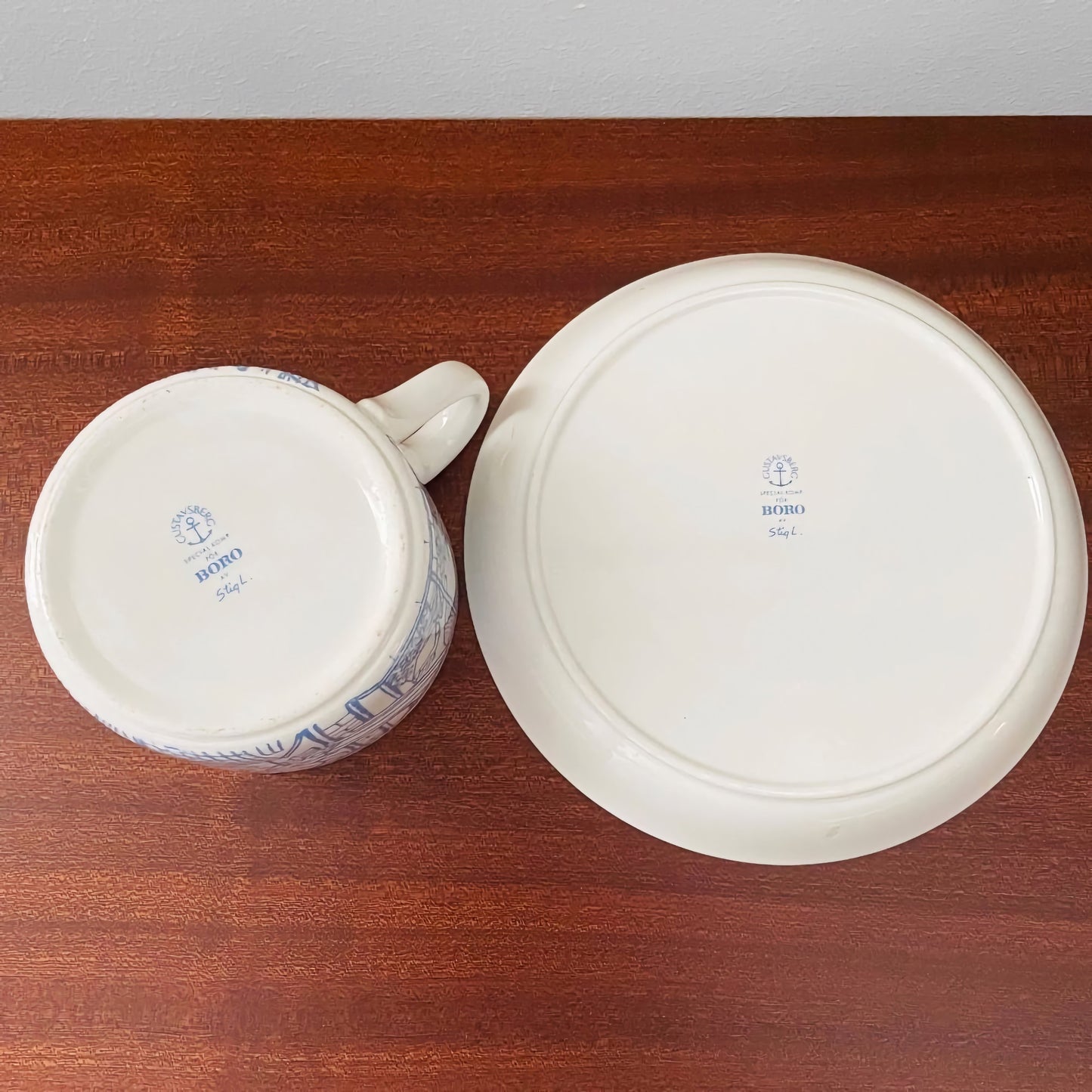 Bottom view of vintage Gustavsberg Boro Tea Cup with Saucer showing the maker's mark and authentic Scandinavian ceramic craftsmanship by Stig Lindberg.