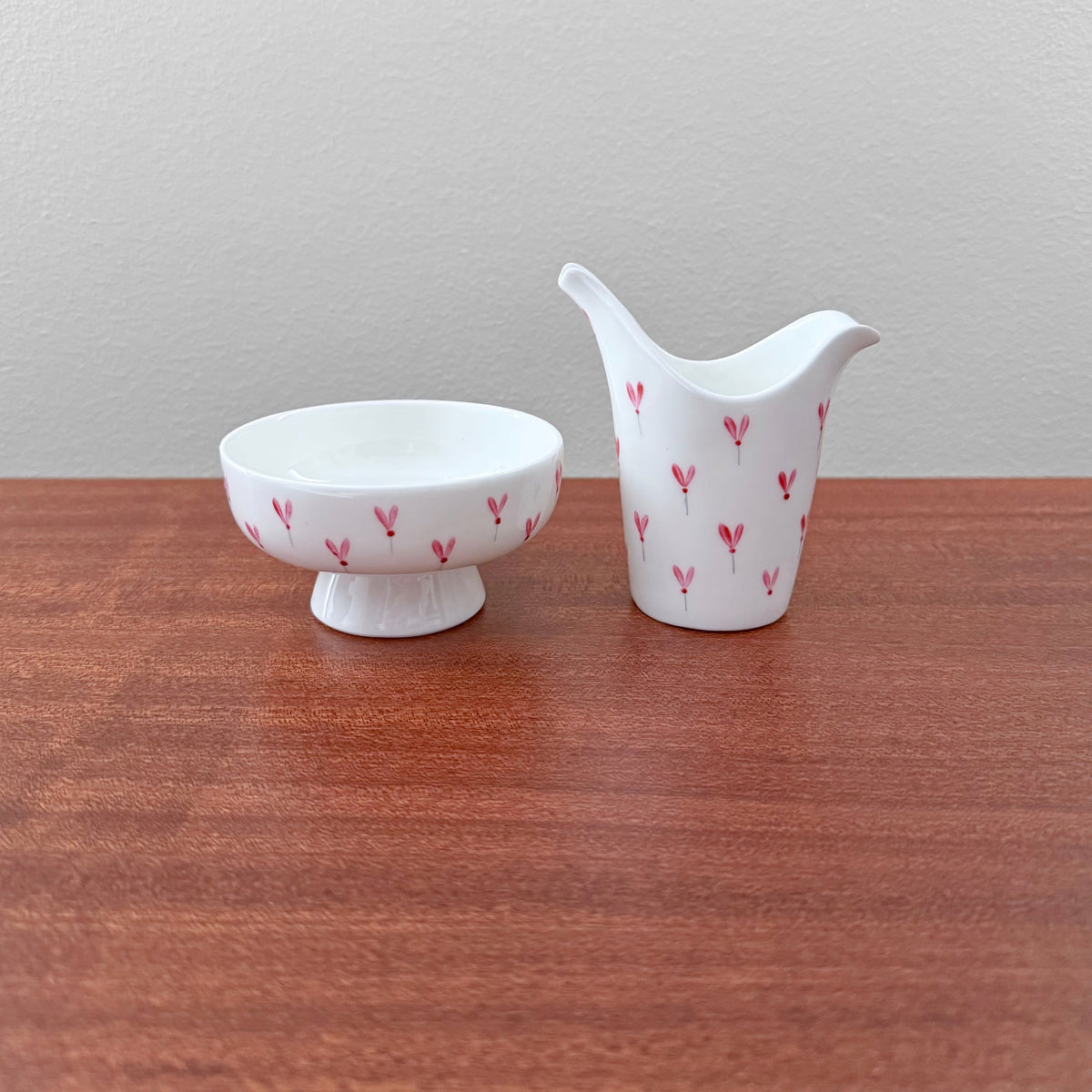 Gustavsberg Rosalin Sugar Bowl and Creamer in white ceramic with delicate pink floral motifs, showcasing vintage Scandinavian design by Stig Lindberg.