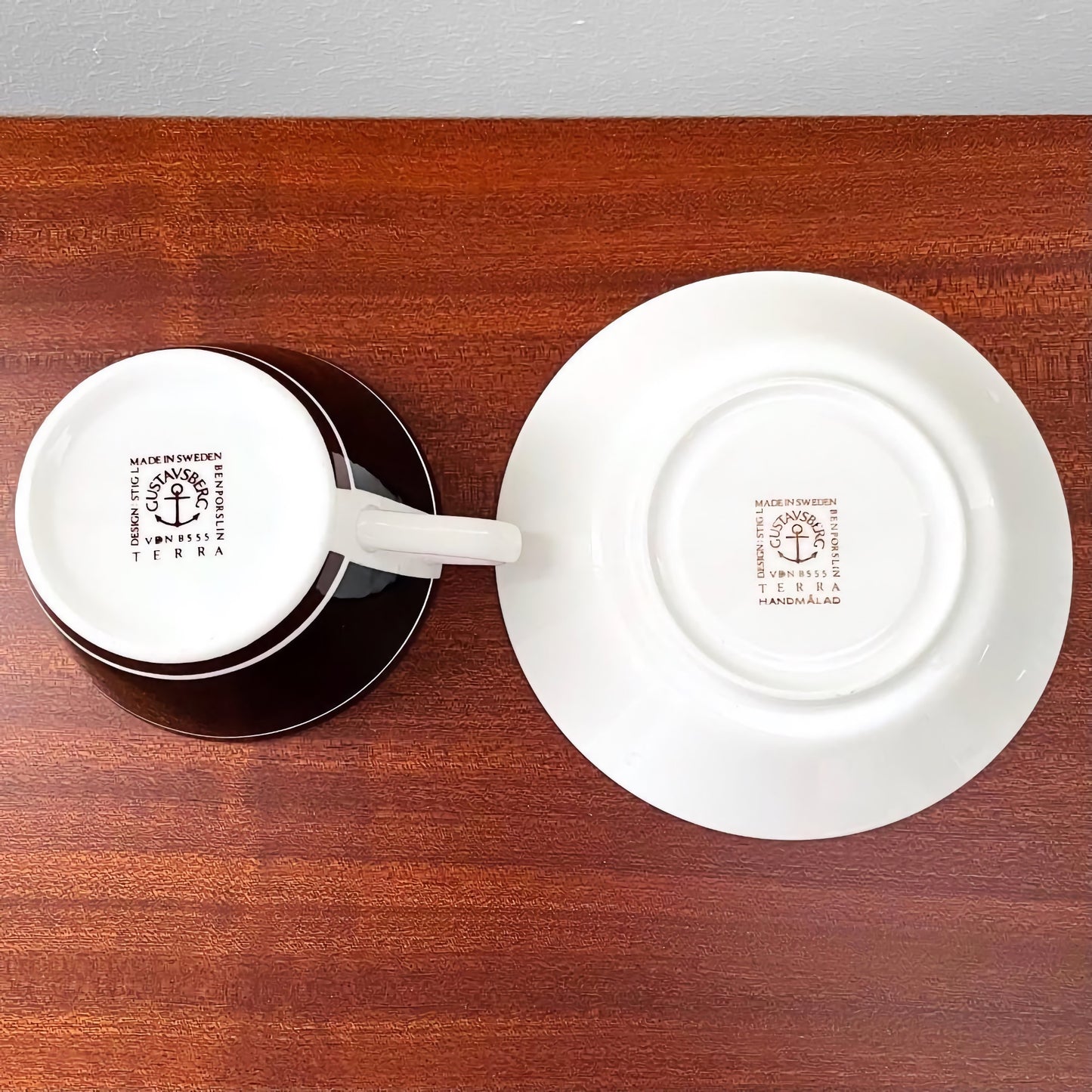 Gustavsberg Terra Tea Cup with Saucer shown from the bottom, displaying vintage Swedish markings and Nordic craftsmanship on ceramic drinkware.