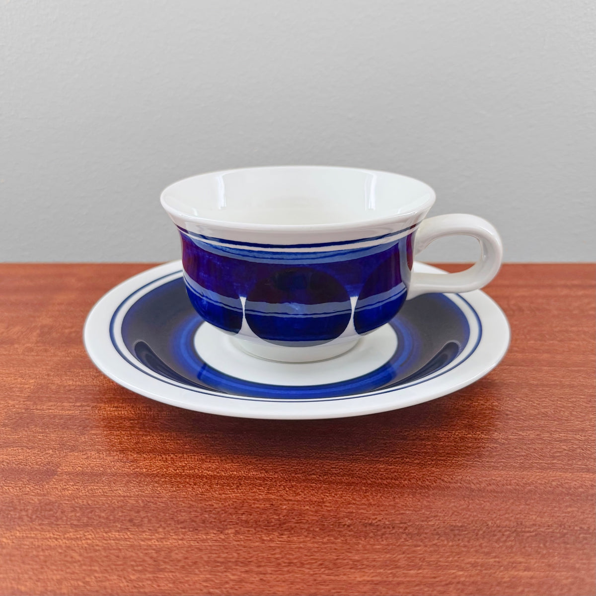 Rörstrand Colette Large Tea Cup with Saucer featuring a deep blue and white ceramic design, exemplifying vintage Scandinavian tableware craftsmanship from Nordic Wares Store.