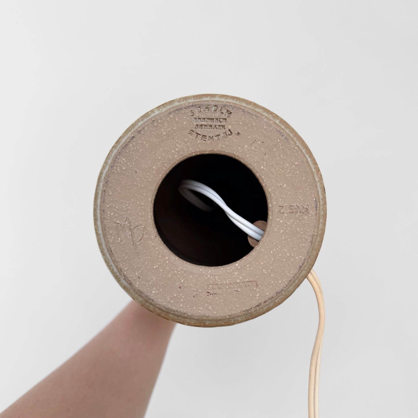 Søholm 3065 Brown Stoneware Table Lamp underside with impressed maker stamp, MP signature, ceramic base, and electrical cord