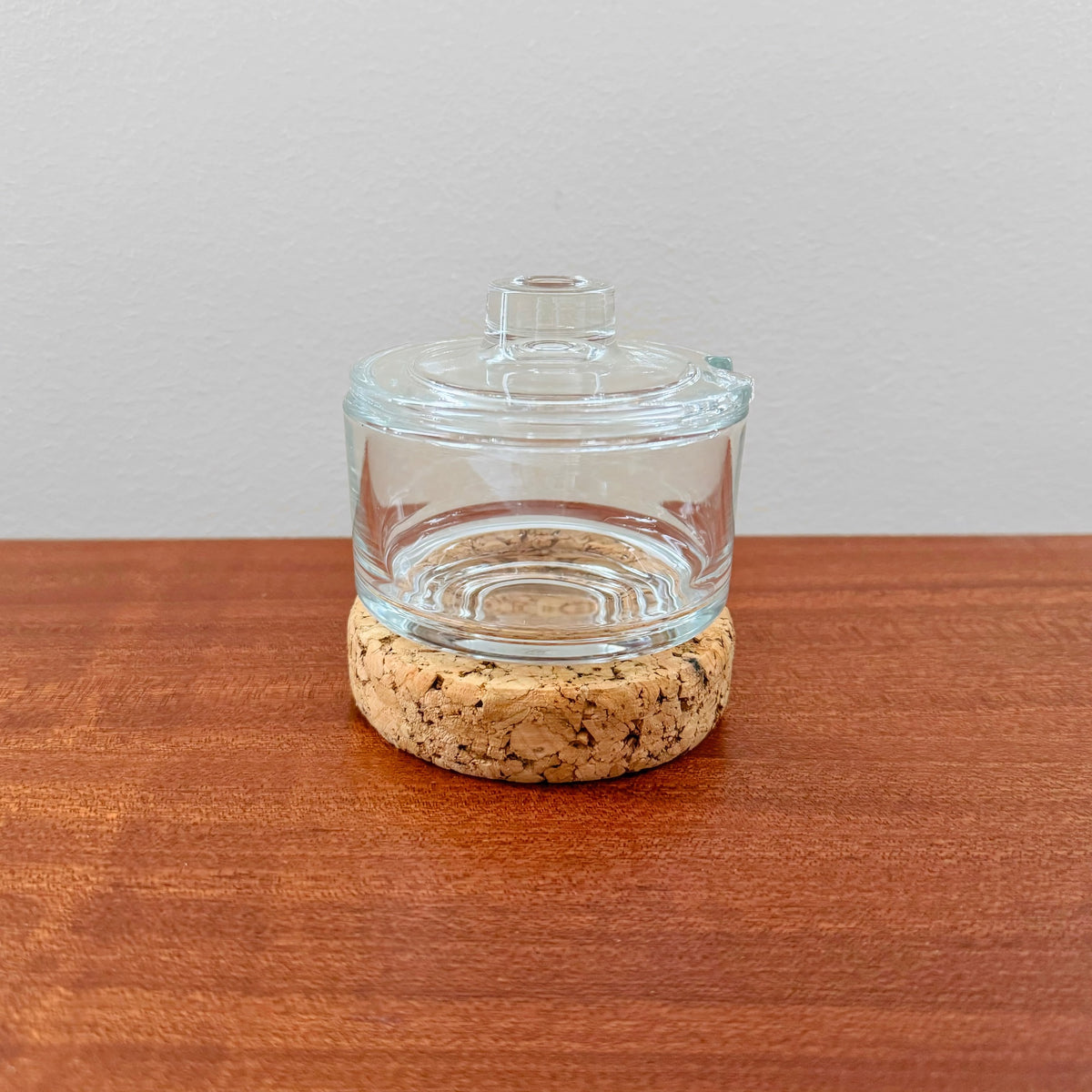 Signe Persson-Melin Boda Nova Glass Jam Jar with clear glass design and round cork base, showcasing vintage Scandinavian craftsmanship from the 1970s.