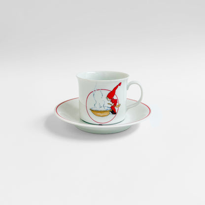 Aina Stenberg Rörstrand Tomtejul Coffee Cup with Saucer in white ceramic with red trim and festive Nordic illustration vintage 1970s drinkware set