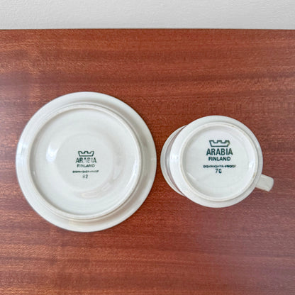 Bottom view of Arabia Finland Fennica Coffee Cup with Saucer showing vintage maker's marks and Nordic ceramic craftsmanship on a wooden surface.