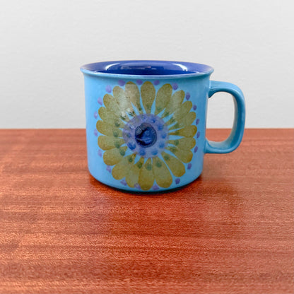 Arabia Finland Hilkka-Liisa Ahola Large Blue Mug featuring a hand-painted floral design in blue and yellow tones on ceramic, vintage Scandinavian drinkware.