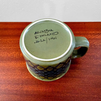 Arabia Finland Hilkka-Liisa Ahola Large Green Mug showing the hand-painted signature on the underside, featuring a vintage Scandinavian ceramic design with green and patterned decoration.