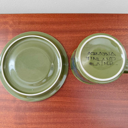 Arabia Finland Hilkka-Liisa Ahola Large Green Mug with Saucer showing the bottom with hand-painted signature on ceramic in vintage Nordic style placed on a wooden surface.