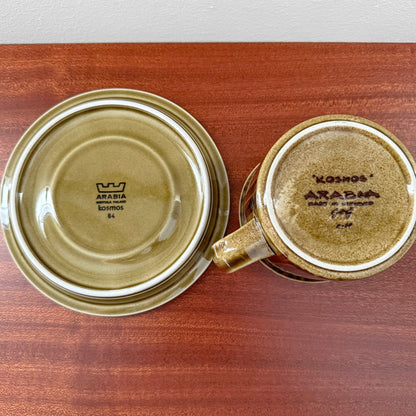 Bottom view of Arabia Finland Kosmos Large Mug with Saucer showing vintage markings on ceramic in olive green glaze, highlighting authentic 1960s Scandinavian craftsmanship.