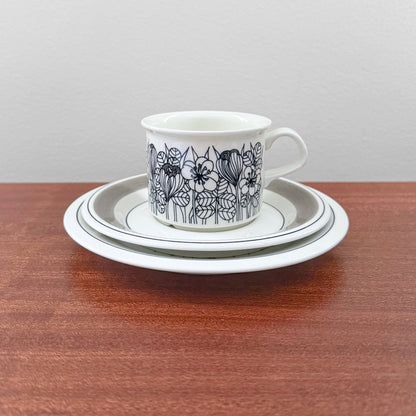 Arabia Finland Krokus Black and White Grey Rim Coffee Cup Trio Set