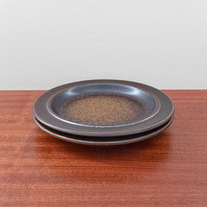 Pair of vintage Arabia Finland Ruska Cake Plates with brown speckled ceramic design, showcasing classic Scandinavian craftsmanship and timeless mid-century style.