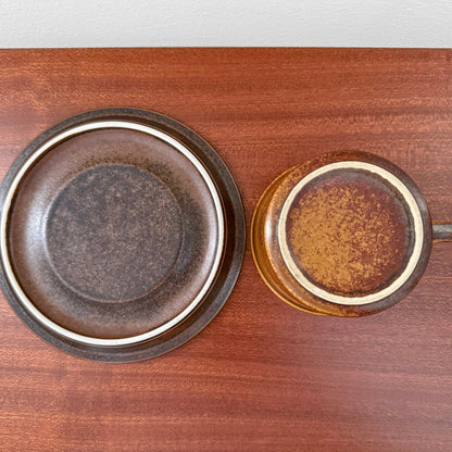 Arabia Finland Ruska Tea Cup with Saucer viewed from above, showcasing the vintage ceramic in warm brown and golden tones on a wooden surface.