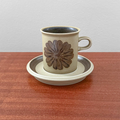 Arabia Finland Tunturi Coffee Cup with Saucer featuring a vintage brown floral design on ceramic, placed on a matching saucer on a wooden surface.