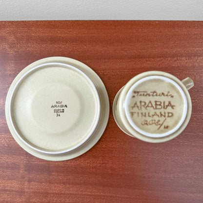 Bottom view of Arabia Finland Tunturi Coffee Cup with Saucer showing vintage maker’s marks and handwritten details on a wooden surface