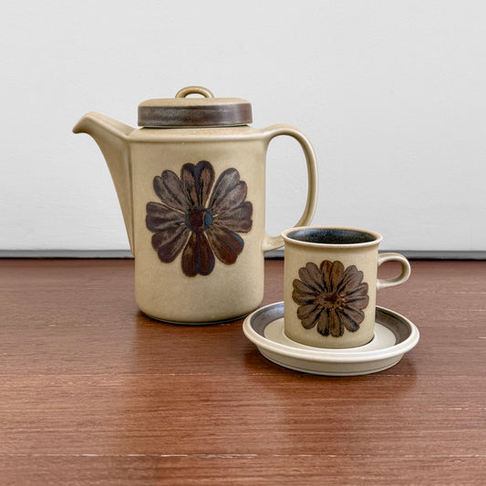 Vintage Arabia Finland Tunturi Coffee Set featuring a ceramic coffee pot and matching cup with saucer, decorated with brown floral designs on a beige background.