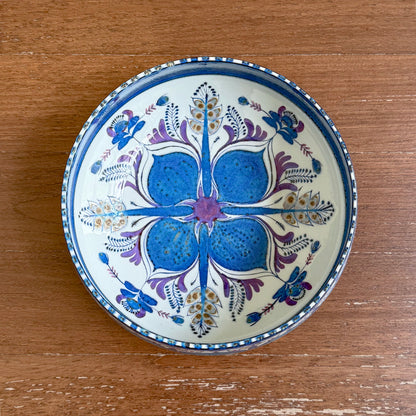 Berte Jessen Royal Copenhagen Tenera Large Decorative Bowl (439/3198) featuring a stylised floral motif in blue purple and gold Nordic vintage design