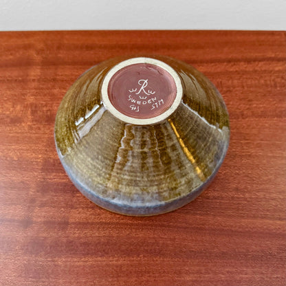 Carl-Harry Stålhane Rörstrand STM Stoneware Decorative Bowl shown upside down, featuring blue and brown glaze with maker’s mark on base, highlighting vintage Nordic ceramic craftsmanship.