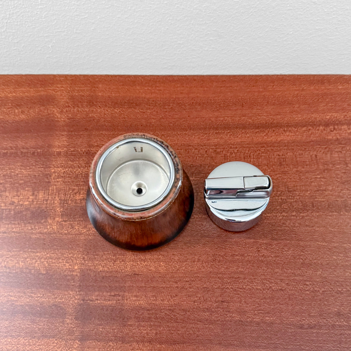 Carl-Harry Stålhane Rörstrand T-1 Brown-Black Table Lighter, vintage brown and black glazed ceramic decorative object shown from above