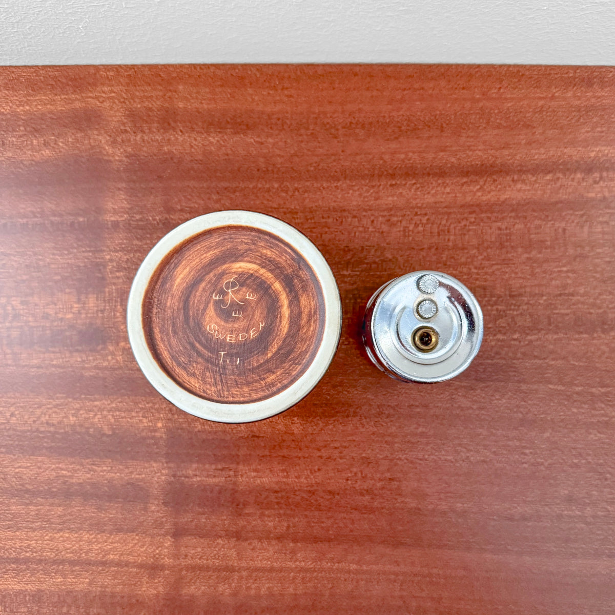 Carl-Harry Stålhane Rörstrand T-1 Brown-Black Table Lighter shown from above with brown glazed ceramic base and metal ignition mechanism decorative Nordic object
