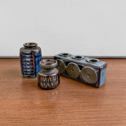 Einar Johansen Søholm Stoneware Decor Set, vintage blue brown glazed ceramic vases and triple candle holder with spiral and geometric motifs