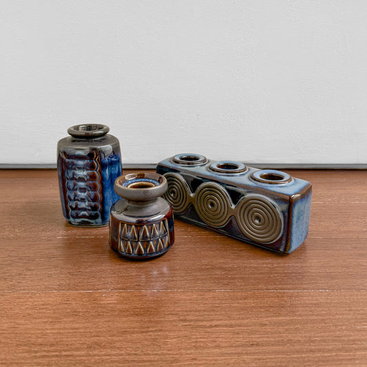 Einar Johansen Søholm Stoneware Decor Set, vintage blue brown glazed ceramic vases and triple candle holder with spiral and geometric motifs