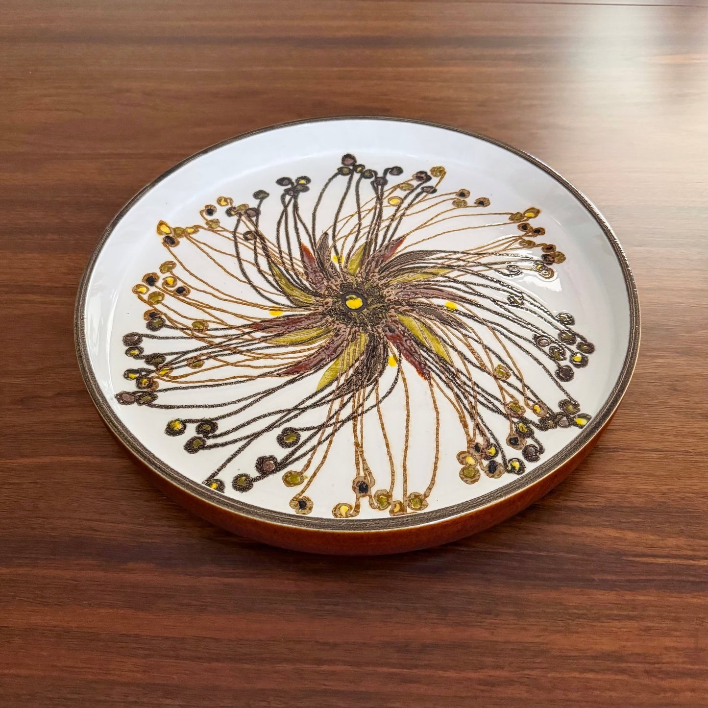 Ellen Malmer Royal Copenhagen Baca Large White-Brown Decorative Dish (635/3293) with stylised floral motif in white brown and gold ceramic design