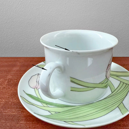 IKEA Näckros Large Tea Cup with Saucer featuring a delicate floral design, made of ceramic with minor blemishes on the rim and handle, displayed on a wooden surface.