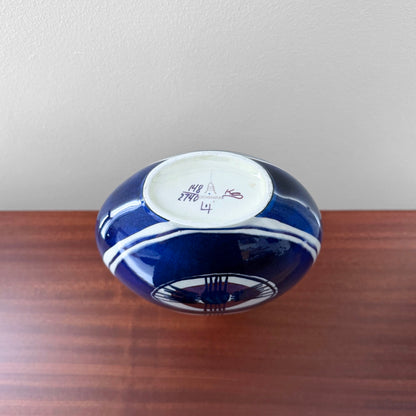 Inge-Lise Koefoed Royal Copenhagen Tenera Vase (148/2740) in blue ceramic with abstract eye motif and maker markings on the underside