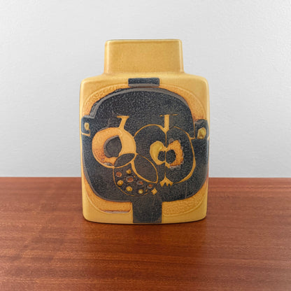 Johanne Gerber Royal Copenhagen Baca Vase (792/3121), ceramic vase with stylised fruit motif in ochre and dark brown, vintage Danish decorative object