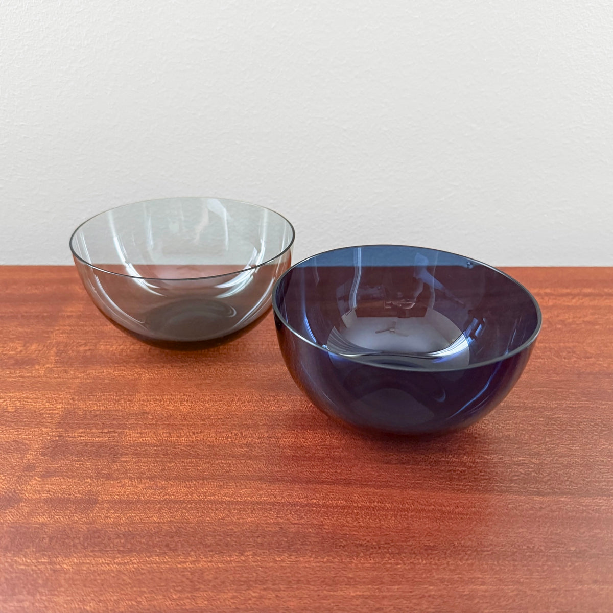 Kaj Franck 1340 Glass Dessert Bowls pair of vintage blue and grey glass dessert bowls by Nuutajarvi Notsjo Nordic tableware and design objects