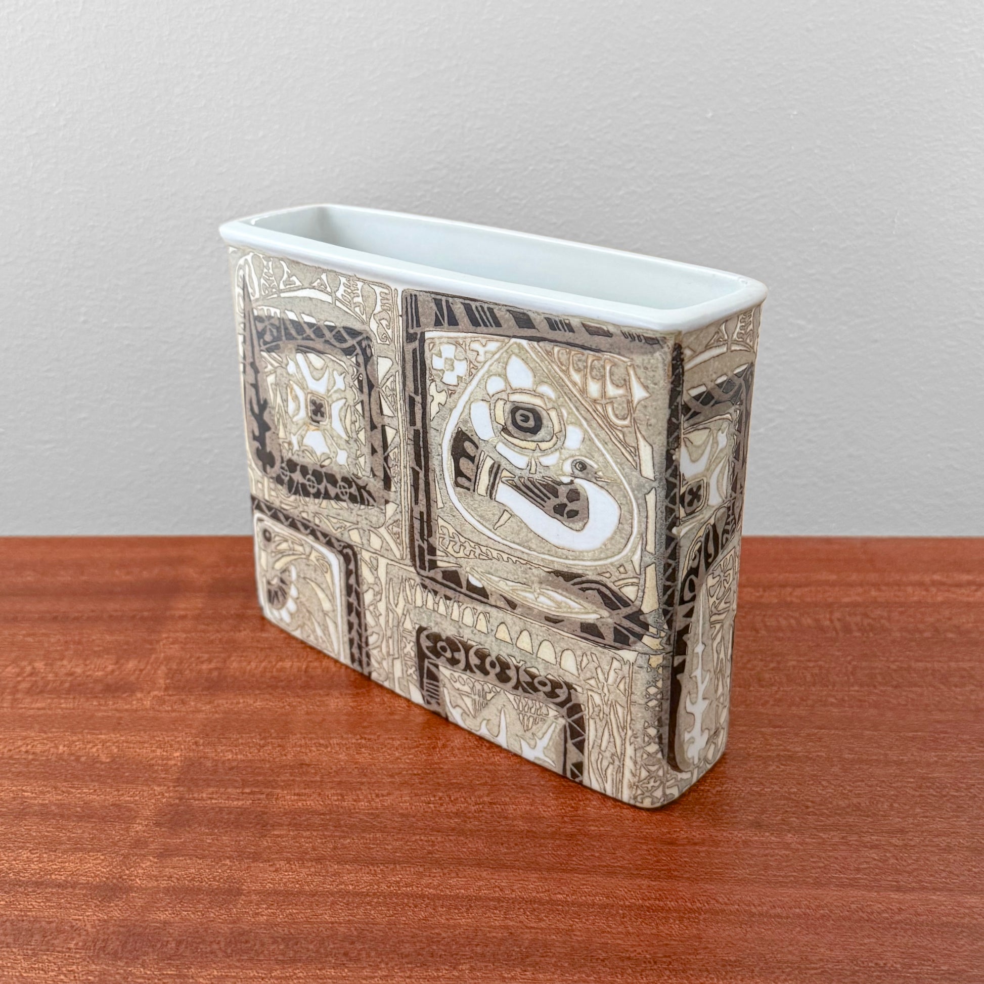 Nils Thorsson Royal Copenhagen Baca Brown Vase (719/2942), vintage ceramic vase with stylised bird and floral motif, Danish 1960s design