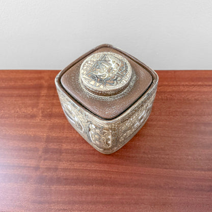 Nils Thorsson Royal Copenhagen Baca Lidded Jar (719/3211), vintage ceramic decorative bowl with stylised bird and floral motif in brown and cream tones