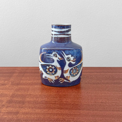 Nils Thorsson Royal Copenhagen Baca Small Blue Vase (708/3207), vintage ceramic vase with stylised bird motif, Danish design from the 1960s