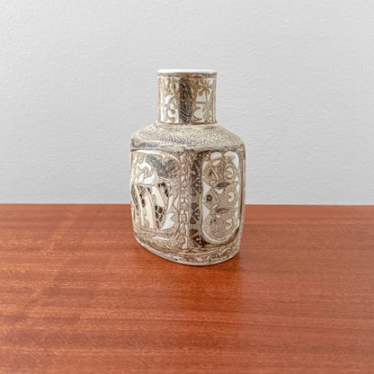 Nils Thorsson Royal Copenhagen Baca Small Brown Vase (719/3207), ceramic vase with stylised fish and floral motif, vintage Nordic decorative object