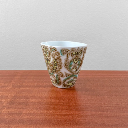 Nils Thorsson Royal Copenhagen Baca Small Vase (713/3216), ceramic vase with stylised bird motif in brown and green on white glaze