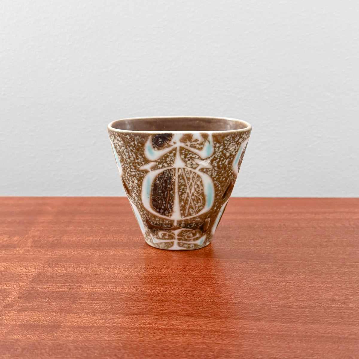 Rare Vintage Nils Thorsson Royal Copenhagen Baca Small Vase (721/3216), ceramic vase with abstract brown, white, and turquoise motif, Danish 1960s design