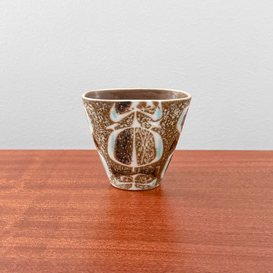 Rare Vintage Nils Thorsson Royal Copenhagen Baca Small Vase (721/3216), ceramic vase with abstract brown, white, and turquoise motif, Danish 1960s design