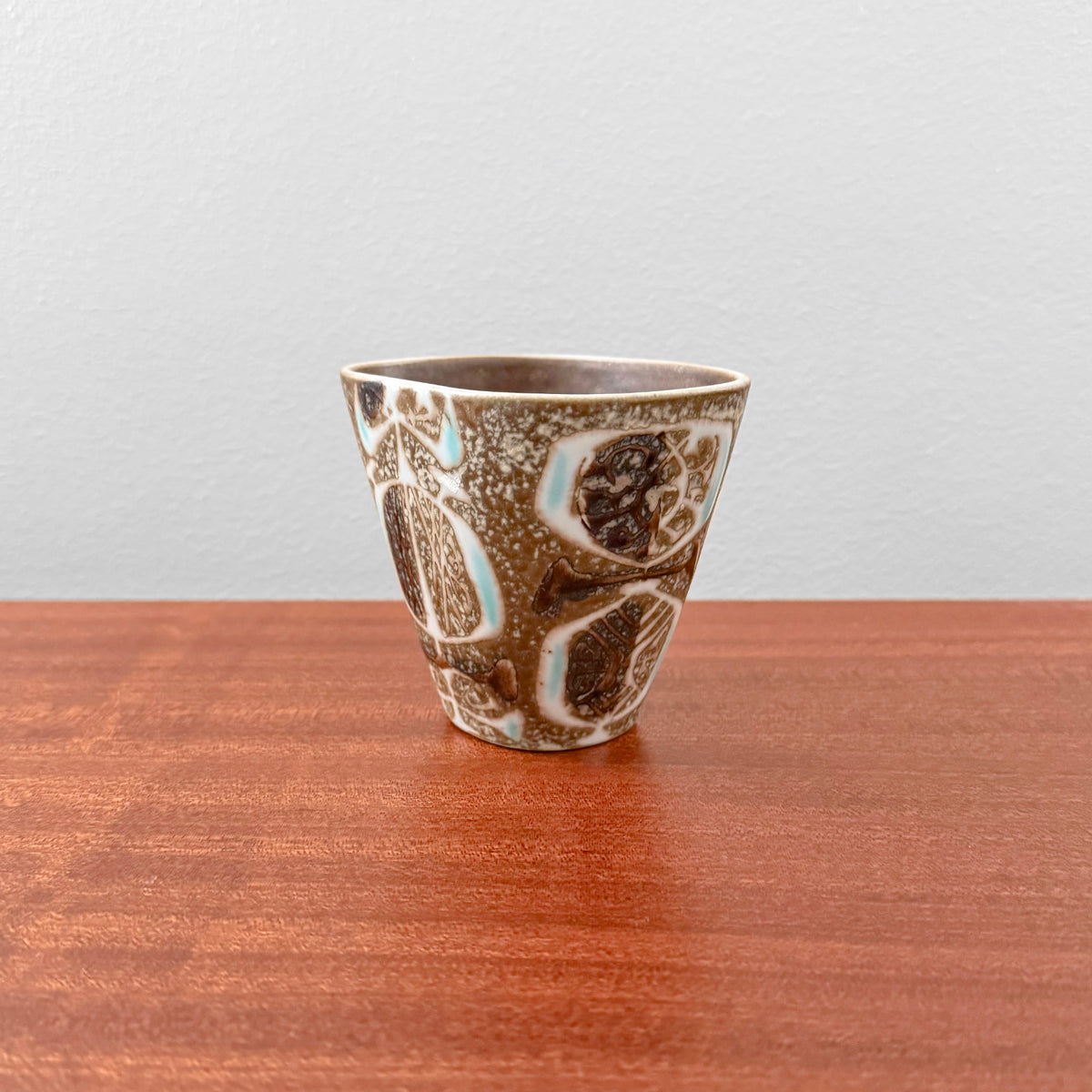 Rare Vintage Nils Thorsson Royal Copenhagen Baca Small Vase (721/3216), ceramic vase with abstract brown, cream, and blue motif, vintage Nordic home decor