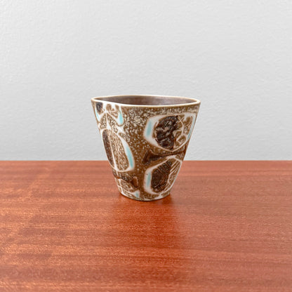 Rare Vintage Nils Thorsson Royal Copenhagen Baca Small Vase (721/3216), ceramic vase with abstract brown, cream, and blue motif, vintage Nordic home decor