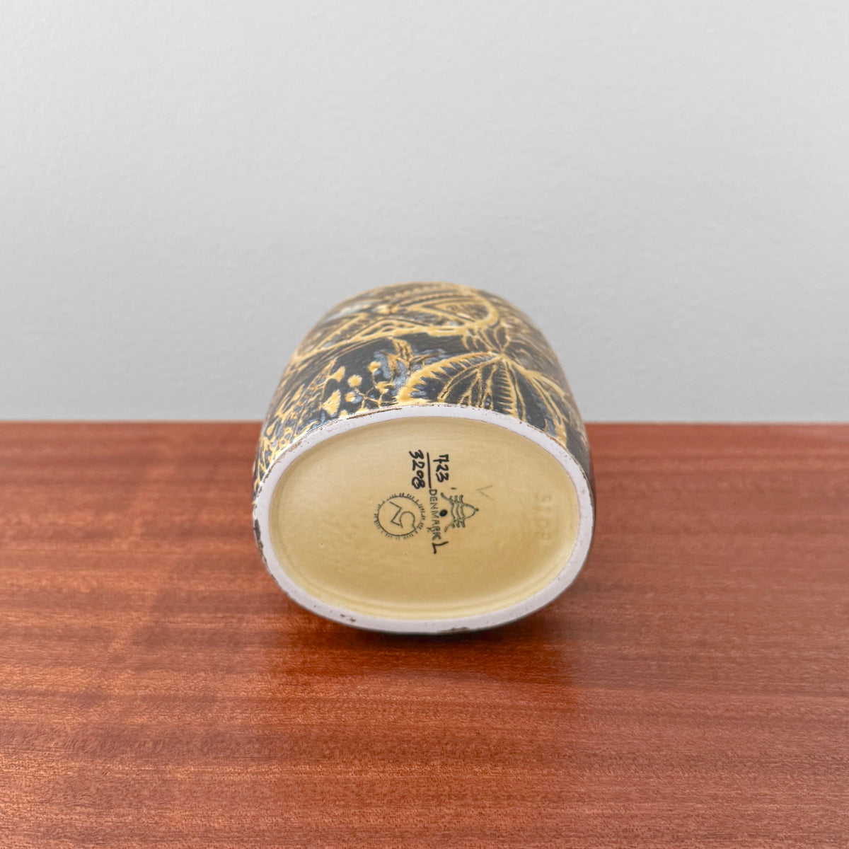 Nils Thorsson Royal Copenhagen Baca Vase (723/3208), ceramic vase underside showing abstract decoration and Royal Copenhagen backstamp