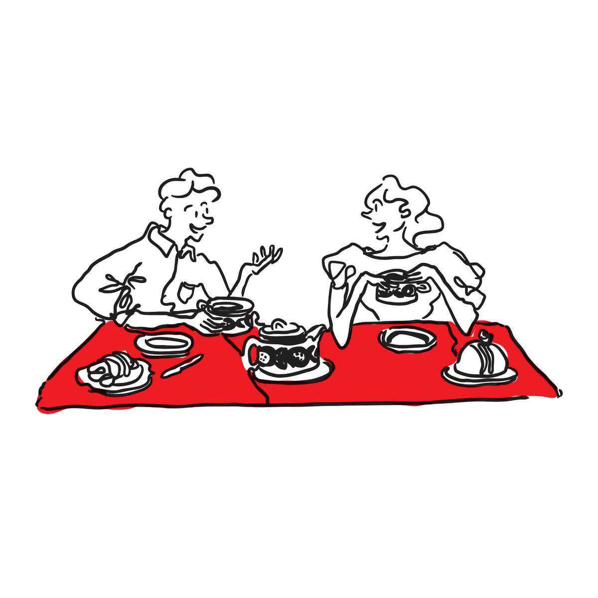 Nordic Wares Store Gift Card featuring an illustration of two people enjoying Nordic tableware at a red dining table with plates and a teapot