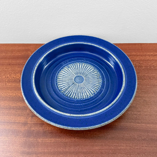 Richard Manz Knabstrup Blue Stoneware Decorative Dish in glossy blue glaze with a radial sunburst center. Vintage Danish ceramic decorative dish for home decor