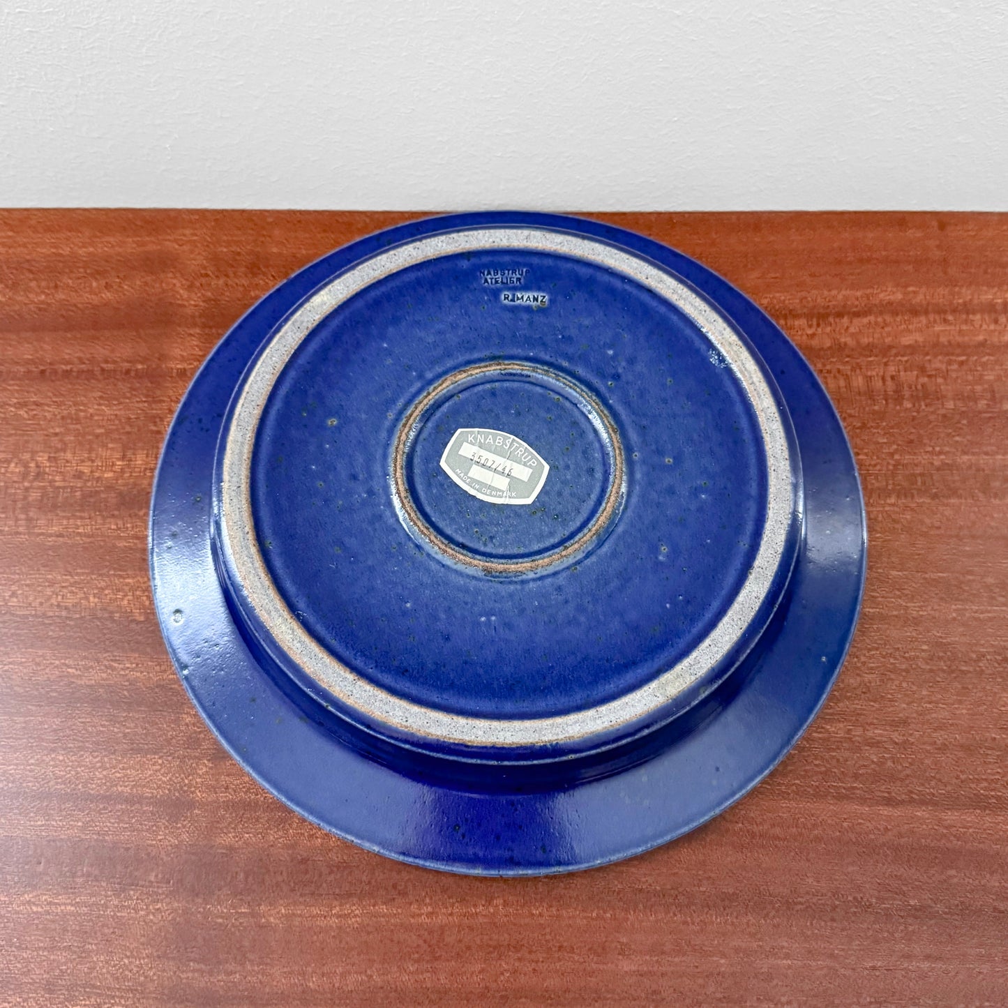 Richard Manz Knabstrup Blue Stoneware Decorative Dish in rich blue glaze with concentric bands and maker mark visible on underside