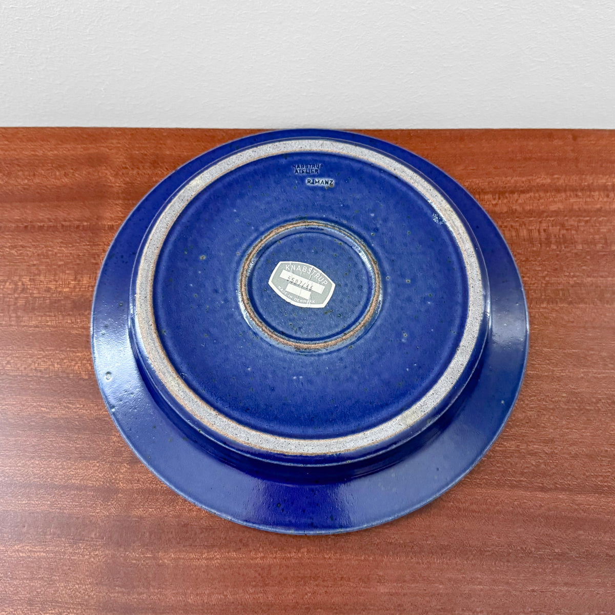 Richard Manz Knabstrup Blue Stoneware Decorative Dish in rich blue glaze with concentric bands and maker mark visible on underside