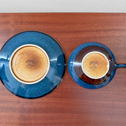 Rörstrand Litorina Blue Tea Cup with Saucer underside view showing a blue tea cup and cake plate with textured Nordic ceramic glaze