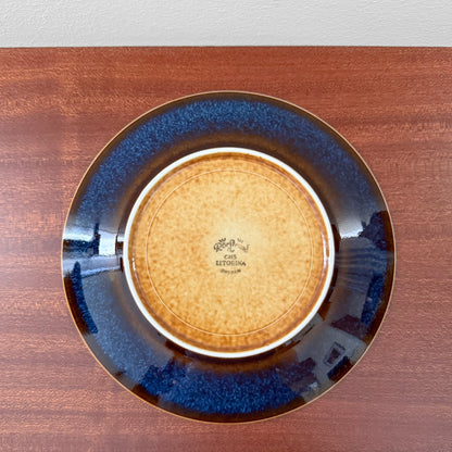 Rörstrand Litorina Blue Tea Cup Trio Set showing the maker's mark on the underside of a blue glazed saucer and cake plate
