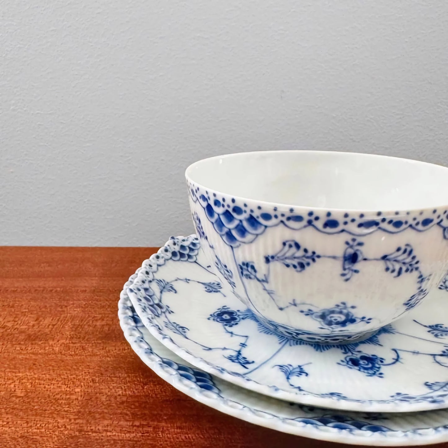 Royal Copenhagen Blue Fluted Full Lace Large Tea Cup Trio Set