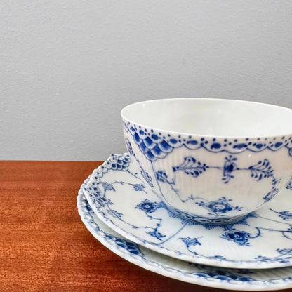 Royal Copenhagen Blue Fluted Full Lace Large Tea Cup Trio Set