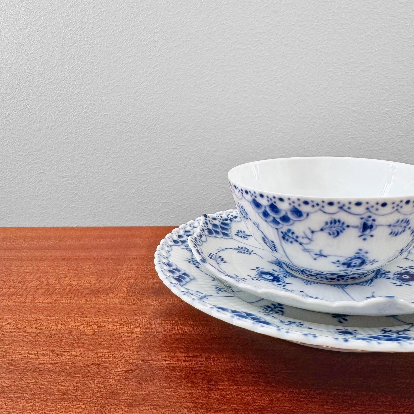 Royal Copenhagen Blue Fluted Full Lace Tea Cup Trio Set