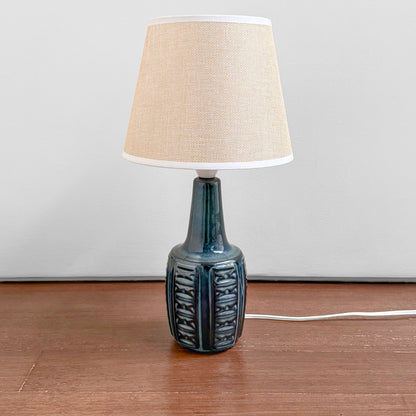 Søholm 1038 Blue Stoneware Table Lamp with ceramic blue glazed base featuring textured vertical patterns and a beige fabric shade, vintage Nordic lighting design.