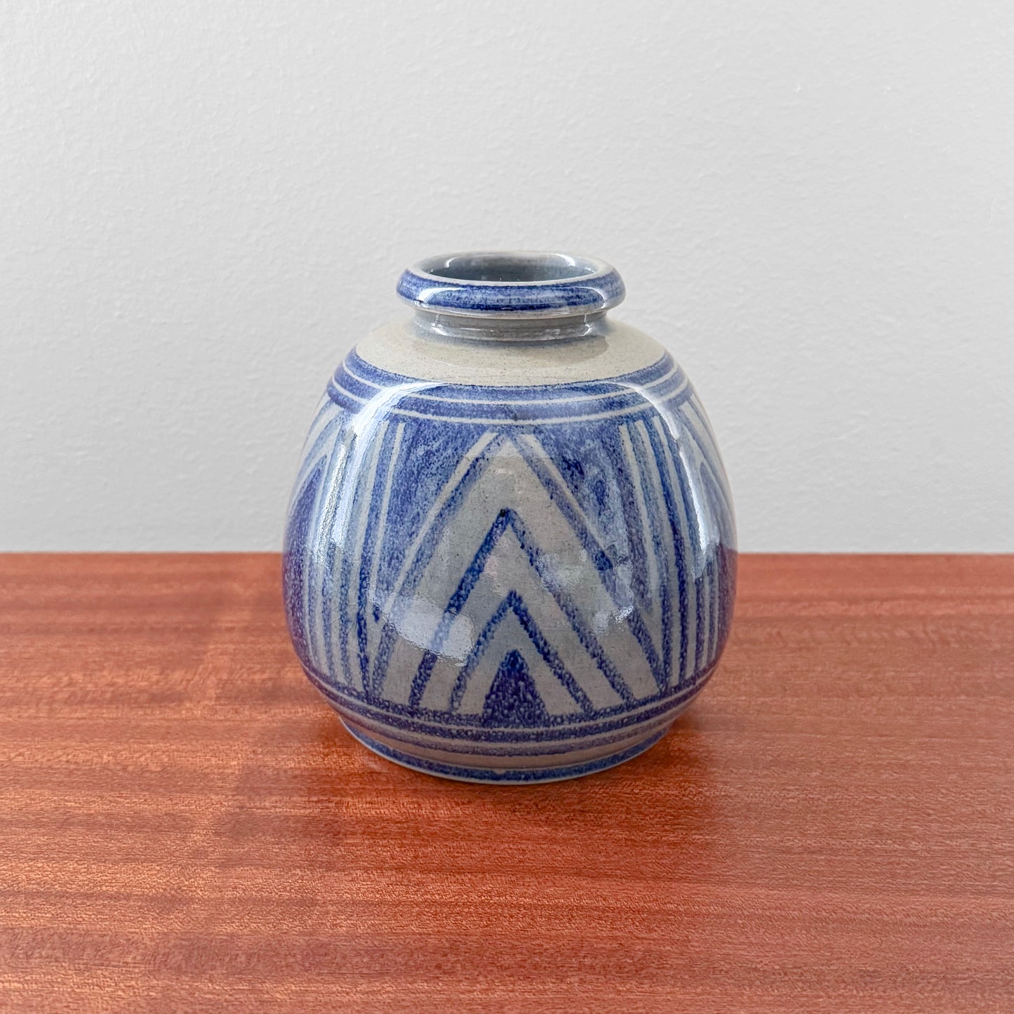 Søholm 1914 Blue Stoneware Vase in blue ceramic with geometric chevron pattern and glazed finish on a wooden surface